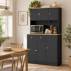 Buffet haut cuisine, armoire de cuisine, station de charge, 6 portes, plan de travail, porte-épices, 100x40x173cm, noir-9