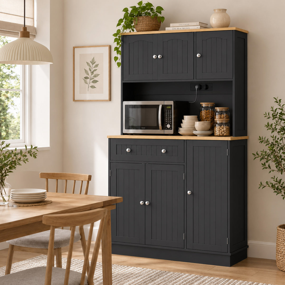 Buffet haut cuisine, armoire de cuisine, station de charge, 6 portes, plan de travail, porte-épices, 100x40x173cm, noir-9