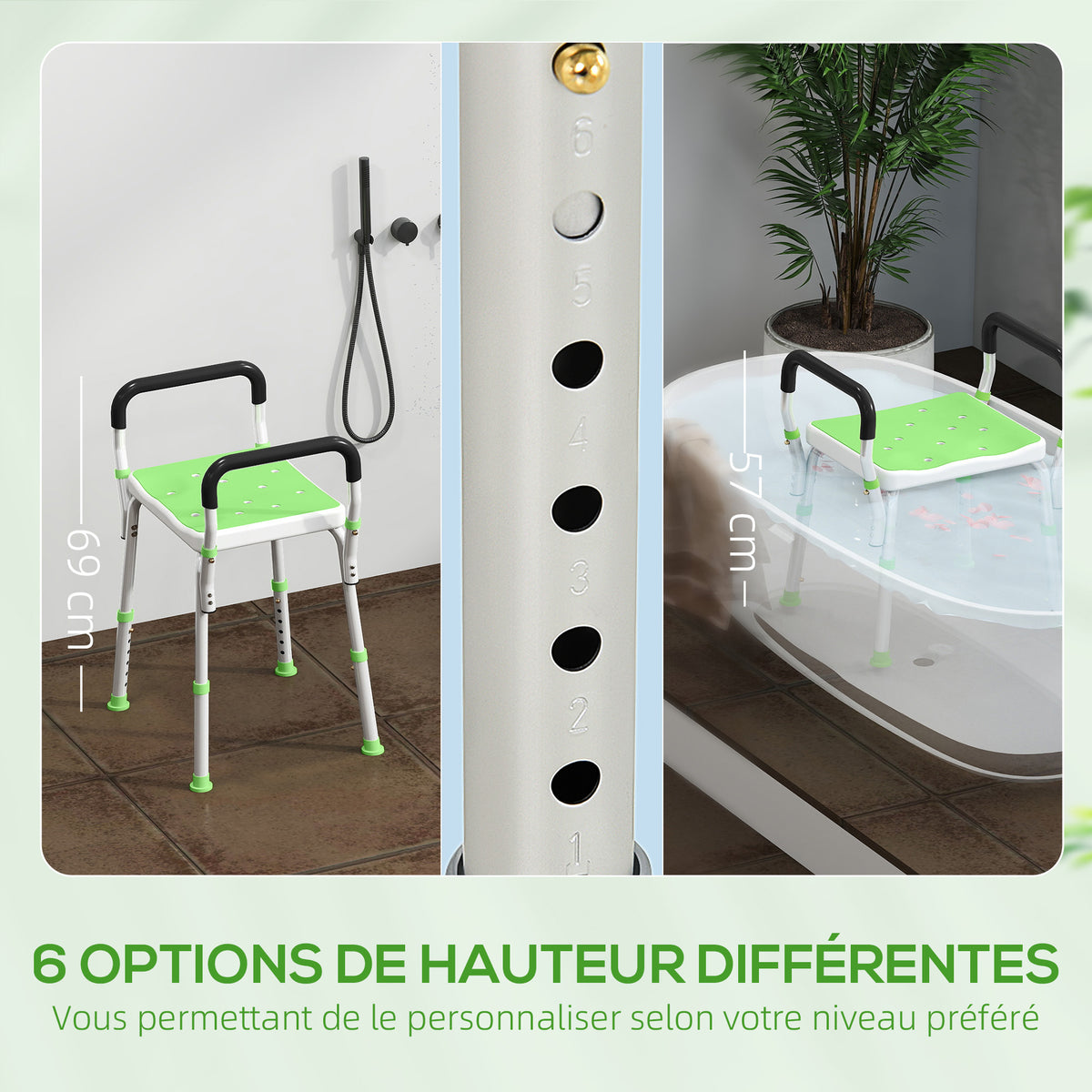 Tabouret de douche pour personnes âgées et handicapées avec accoudoirs, hauteur réglable, patins antidérapants, vert-3