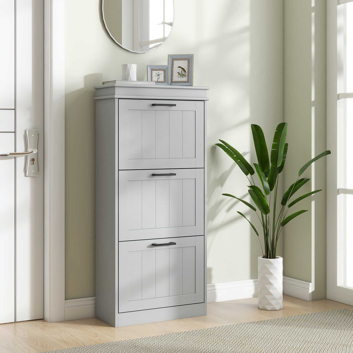 Meuble à chaussures, armoire à chaussures 3 portes abattants 15 paires, étagères réglables, 54 x 24 x 117,5 cm, gris-1
