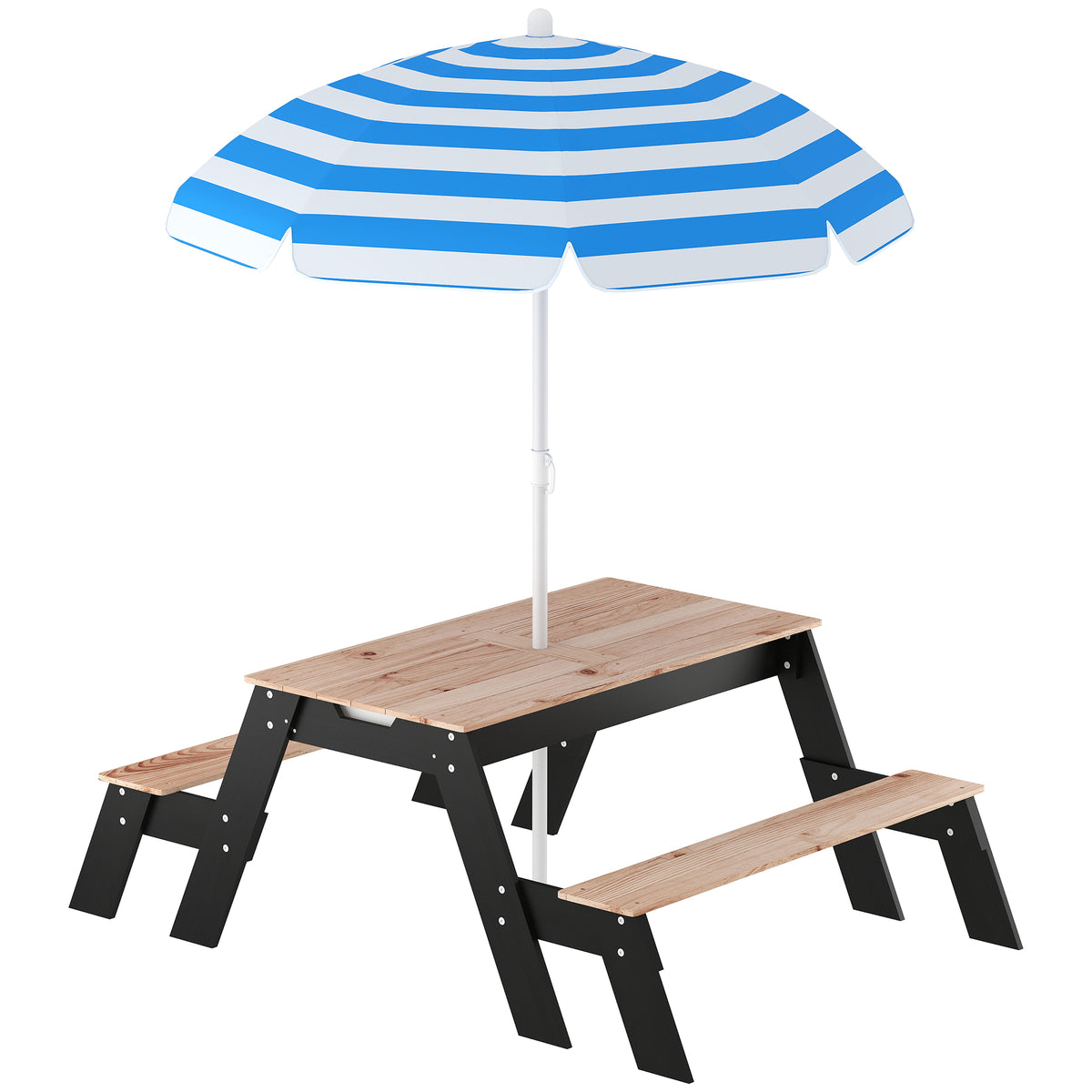 Table de pique-nique enfants avec parasol, 3 en 1 salon de jardin en bois pour enfants 3-6 ans avec 2 boîtes, naturel-0