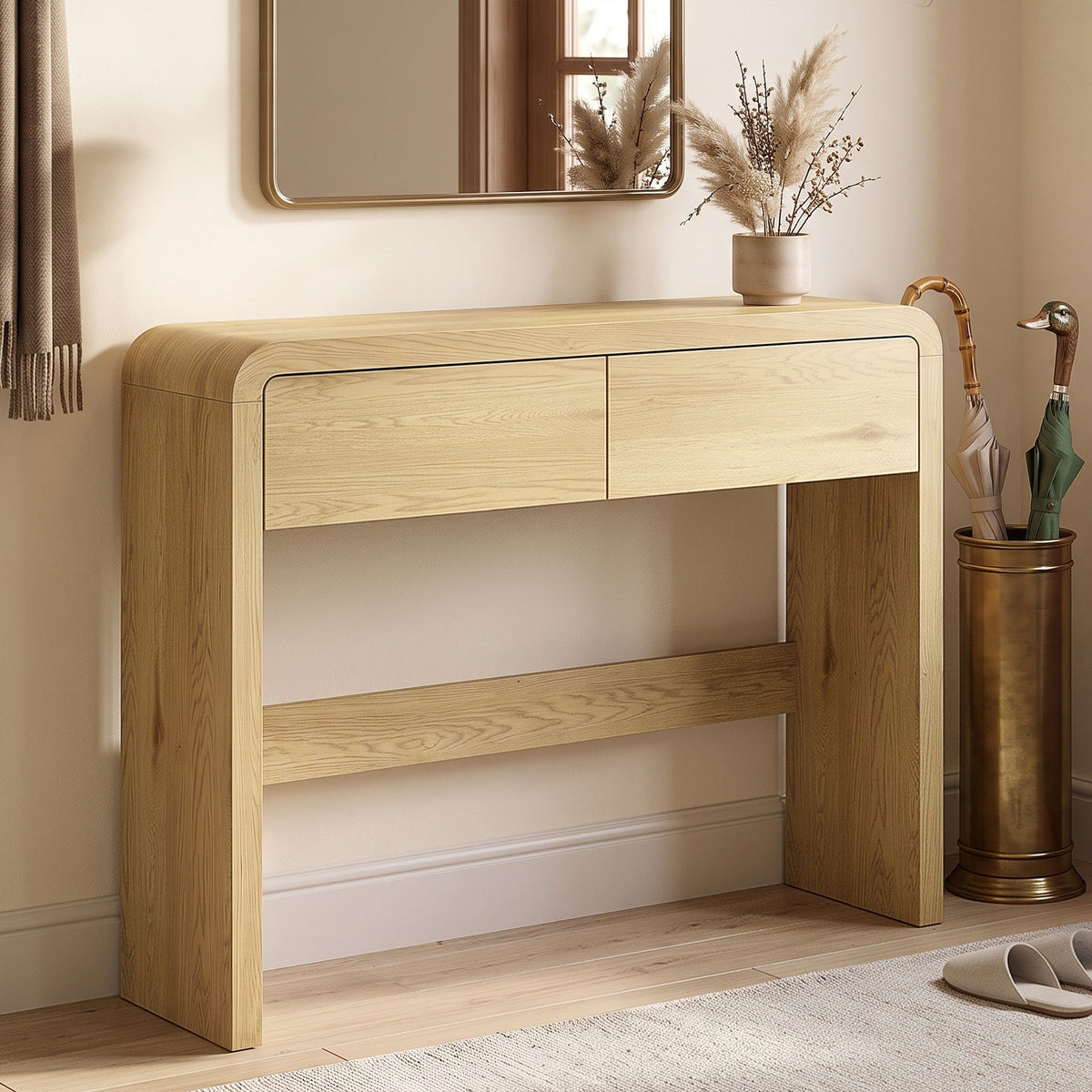 Table Console avec 2 Tiroirs, Console Meuble, 100 x 30 x 85 cm, Coins Arrondis et Plateau Épais, Bois Naturel-1
