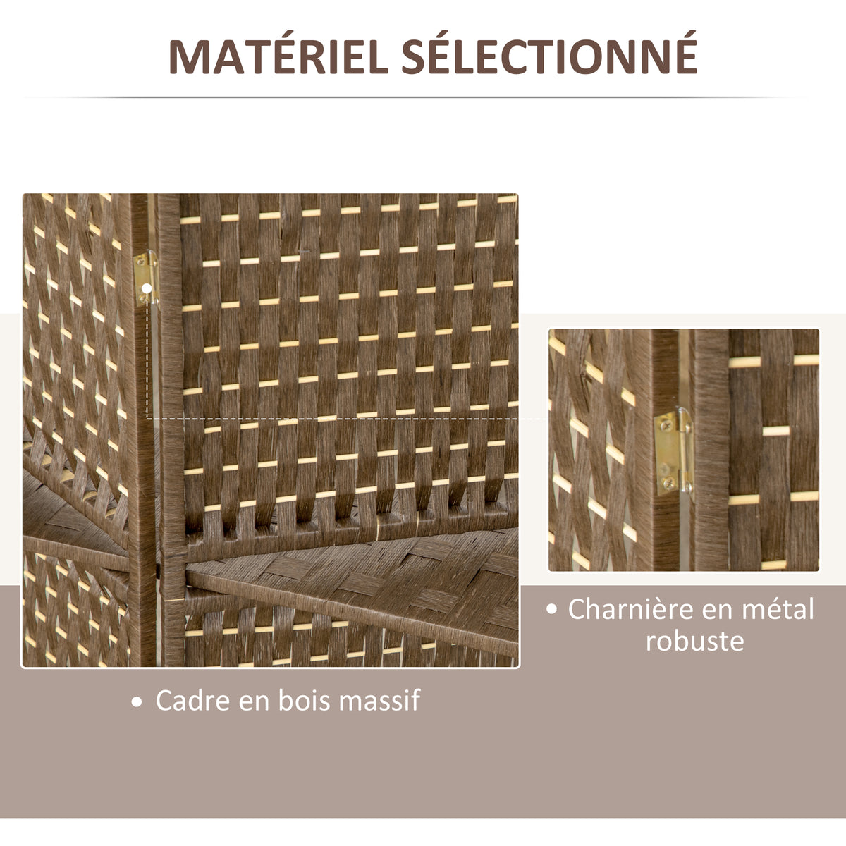 Paravent intérieur séparateur de pièce 4 panneaux 2 étagères bois de pin tressée fibres de papier 181 x 180 cm marron-4