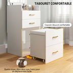 Coiffeuse avec miroir et tabouret 3 en 1, 3 tiroirs et plateau en verre visible, coussin rembourré, 48 x 40 x 90 cm, blanc-4