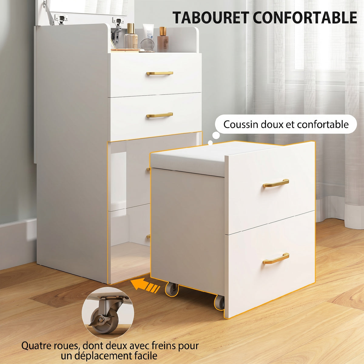 Coiffeuse avec miroir et tabouret 3 en 1, 3 tiroirs et plateau en verre visible, coussin rembourré, 48 x 40 x 90 cm, blanc-4