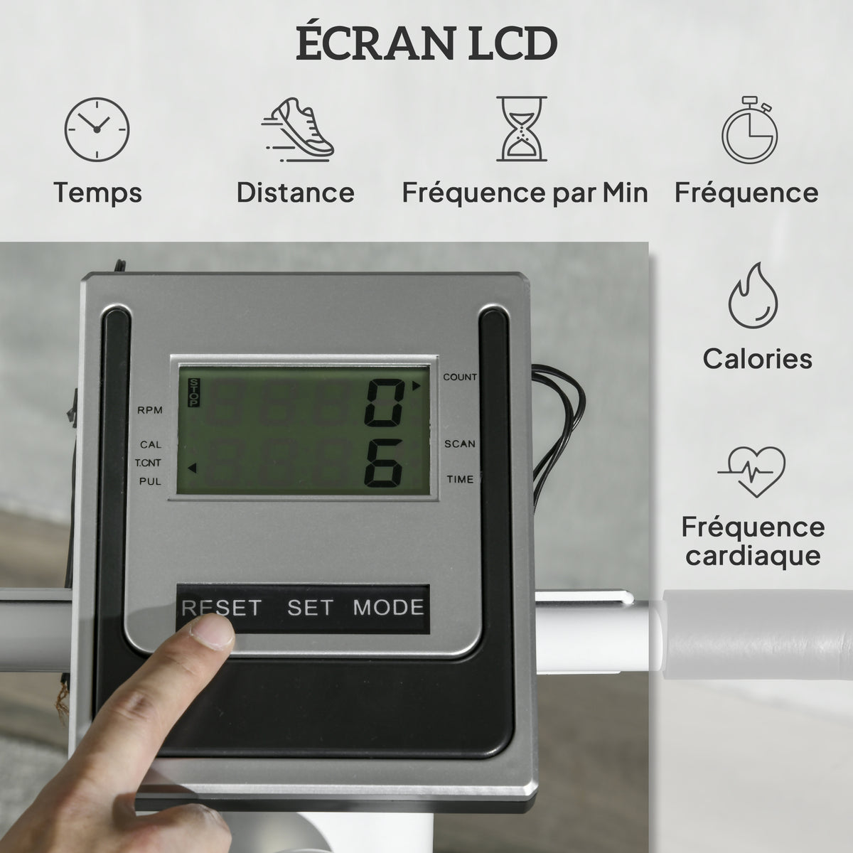 Stepper avec guidon 12 niveaux de résistance réglables, écran LCD, 2 roues et pédales antidérapantes, blanc et noir-4