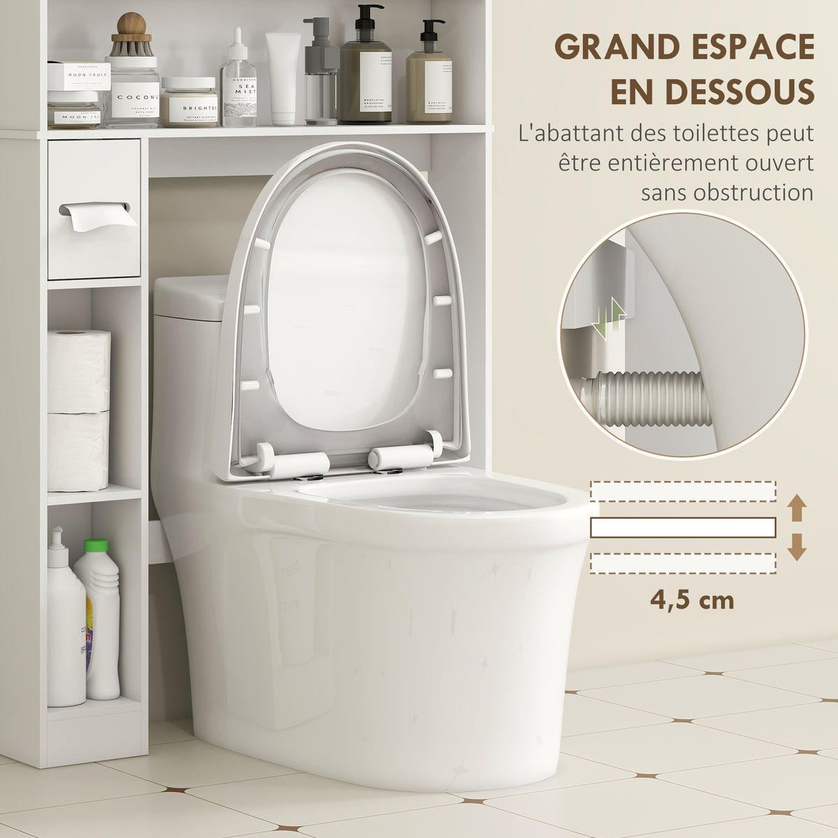 Meuble WC dessus de toilette meuble salle de bain avec placard à porte double et porte-papier 80x19,5x170cm blanc-5