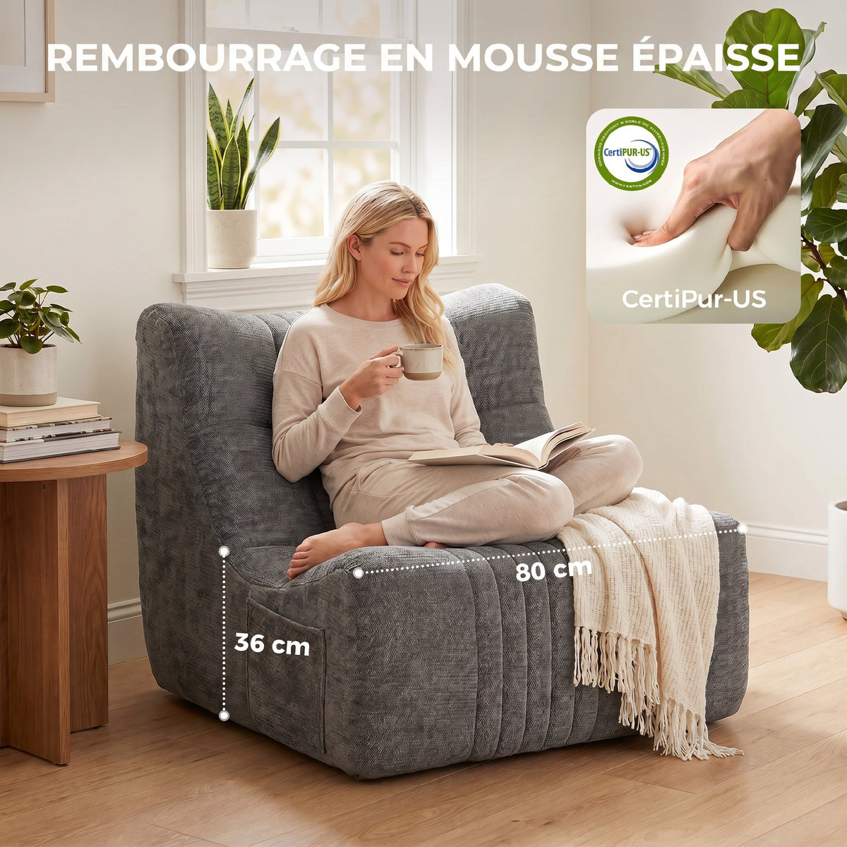 Canapé Paresseux Chaise de Sol à Silhouette Papillon avec Poches Latérales, sans Assemblage, 80x90x76cm, Gris Châtaigne-4