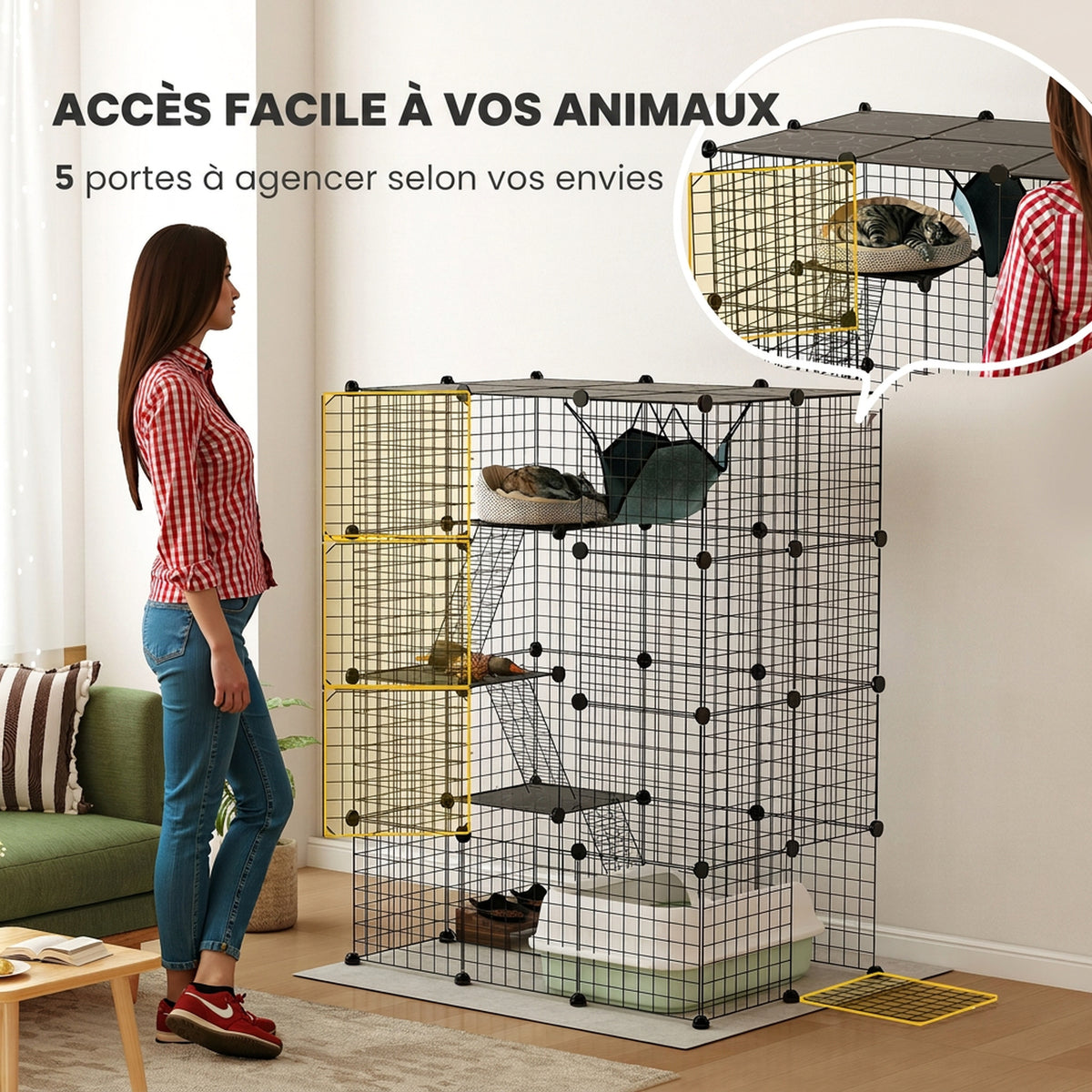 Cage pour chat d'intérieur parc pour chat en acier à 4 niveaux DIY avec 5 portes hamac 1-3 chats 105 x 70 x 140 cm noir-5