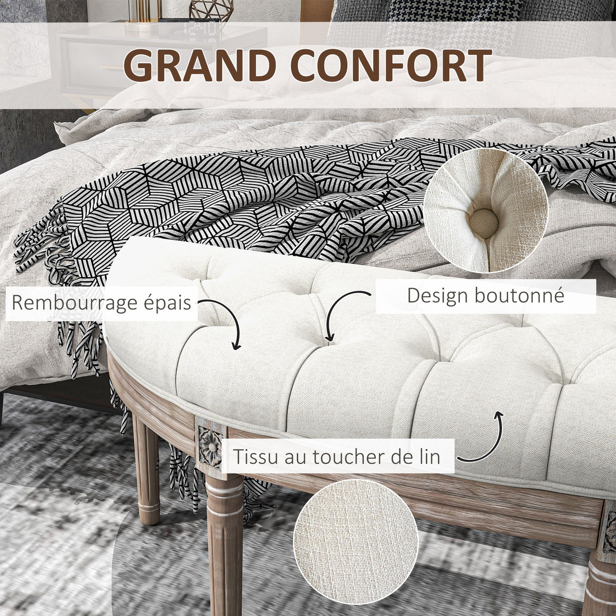 Banc bout de lit en forme demi-lune style Louis XVI structure en bois massif sculpté siège en tissu aspect lin crème-3
