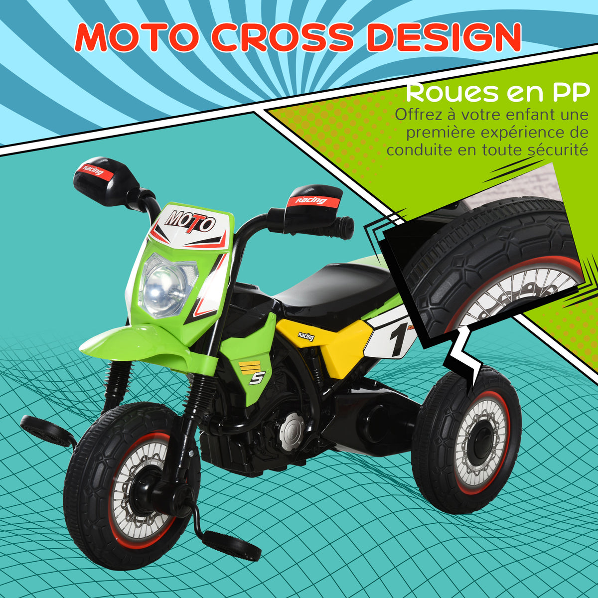 Tricycle Enfants Moto Cross Effets musicaux et Lumineux Coffre Rangement Vert-3