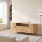 Meuble TV 140 cm avec 2 Prises et 2 Ports, Meuble Télé pour 84 Pouces, 2 Portes Battantes, 2 Portes Coulissantes, Chêne-1