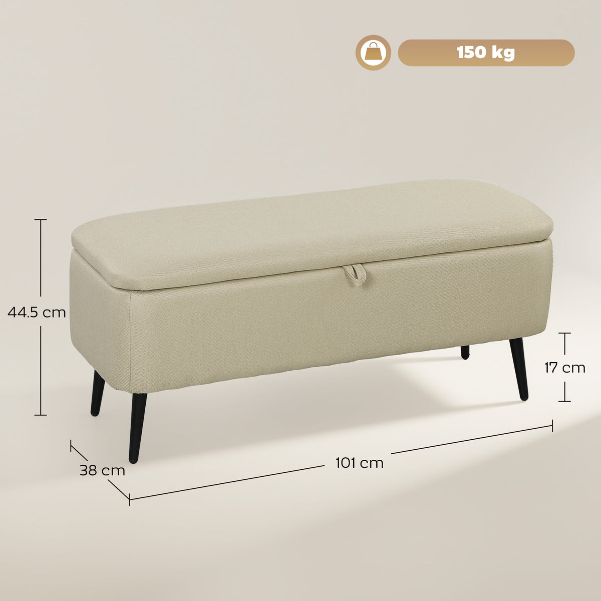 Banc banquette coffre de rangement 2 en 1 en tissu avec pieds en acier noir 102 x 40 x 39,5 cm beige-2