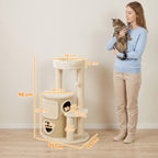 Arbre à Chat Multi-Niveaux avec Tonneau, Double Niche, Lit, Plateforme, Poteaux à Griffer en Sisal, 55x39x90cm, Beige-2