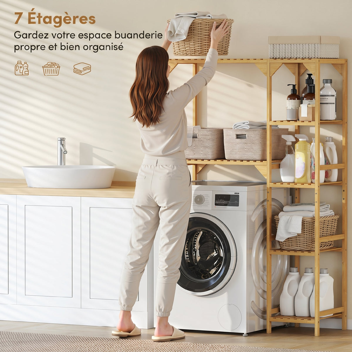 Étagère au-dessus de Machine à Laver en Bambou, Meuble de Salle de Bain Moderne avec Étagères Réversibles, Bois Naturel-3