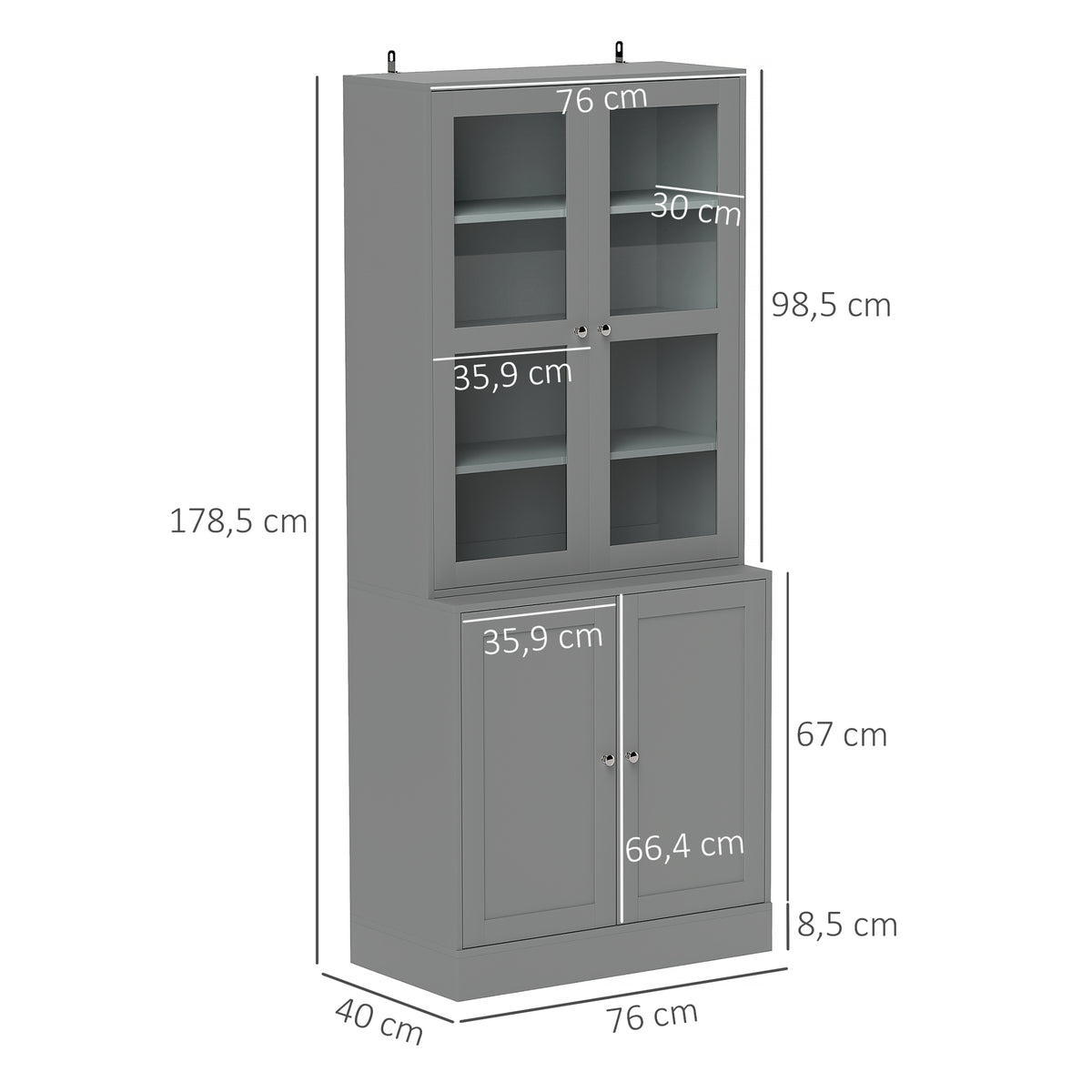 Bibliothèque vitrine, meuble de rangement à 6 niveaux avec 4 portes dont 2 en verre trempé, étagères réglables, gris-2