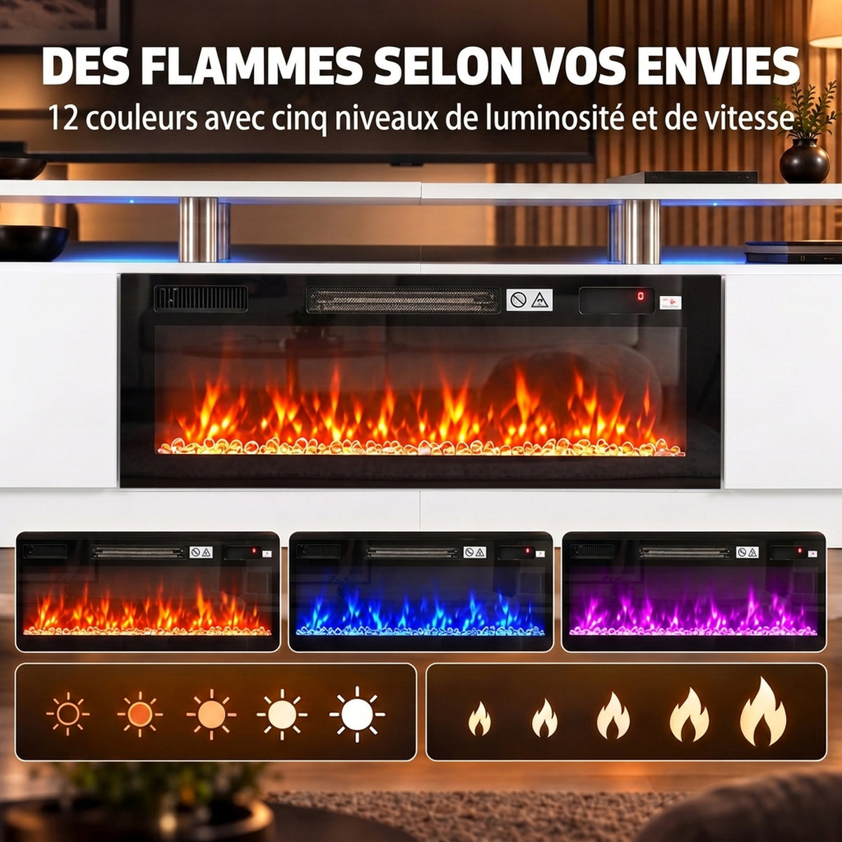 Meuble TV avec Cheminée Électrique 203cm avec Éclairage LED Fausse Cheminée Décorative 900/1800W Effet Flamme 3D Blanc-4