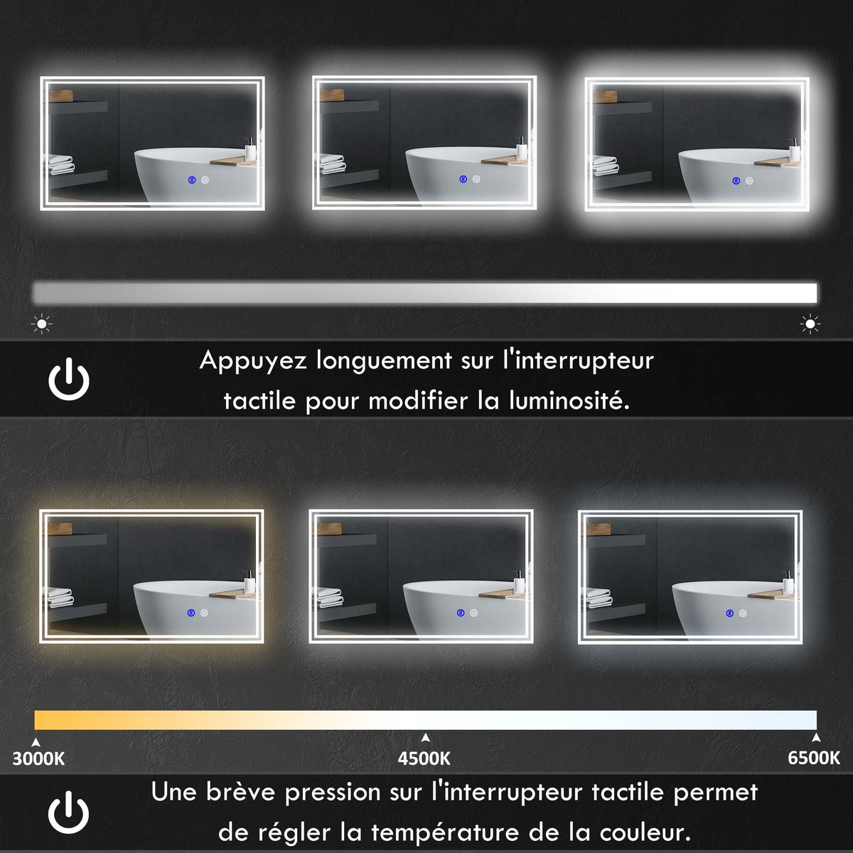 Miroir de salle de bain rectangulaire mural lumineux LED horizontal ou vertical, 100 x 60 cm-4