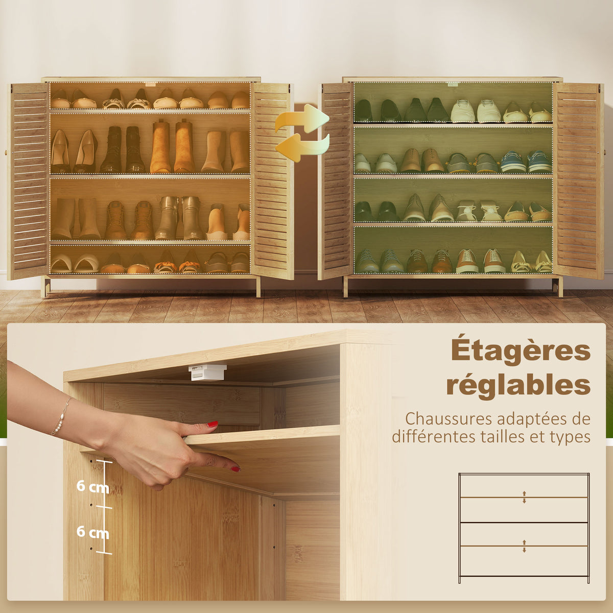 Meuble à chaussures en bambou 14 paires, armoire à chaussures avec portes persiennes et étagères réglables, bois naturel-5