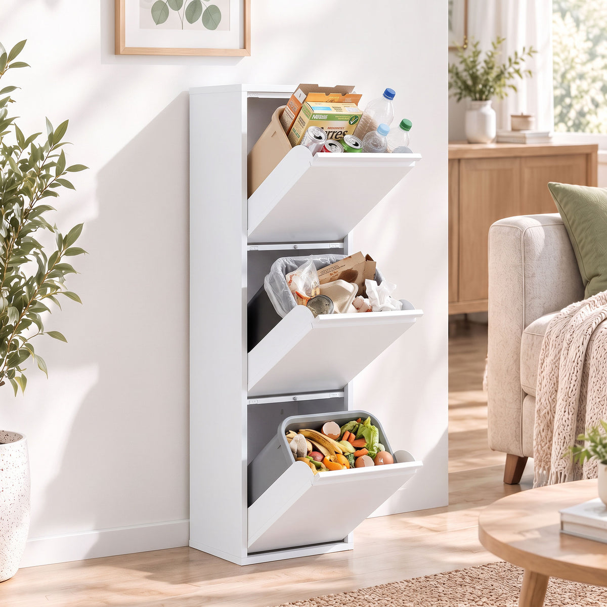 Meuble Poubelle de Tri Sélectif, Poubelle de Recyclage 45 L (3 x 15 L), 3 Compartiments, Portes à Fermeture Douce, Blanc-9