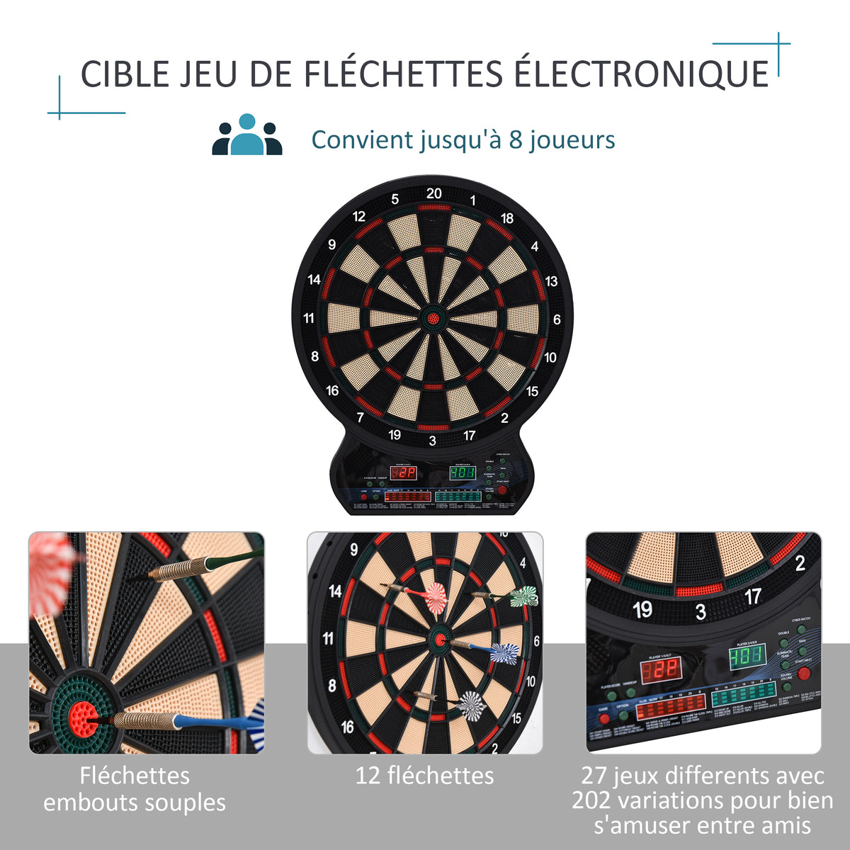 Cible de Fléchettes Électronique 27 Jeux et 202 variations, 8 Joueurs, 12 fléchettes Pointes Souples, Noir-4