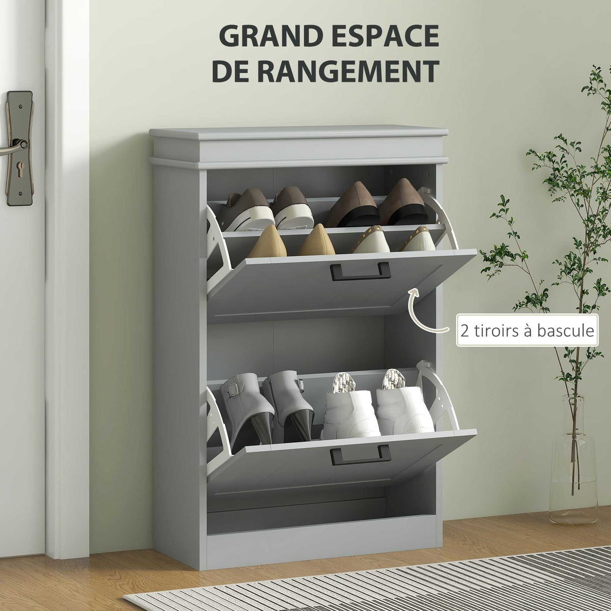 Meuble à chaussures, 2 portes abattants, étagères réglables, pour entrée, couloir, 54 x 24 x 82,5 cm, gris-3