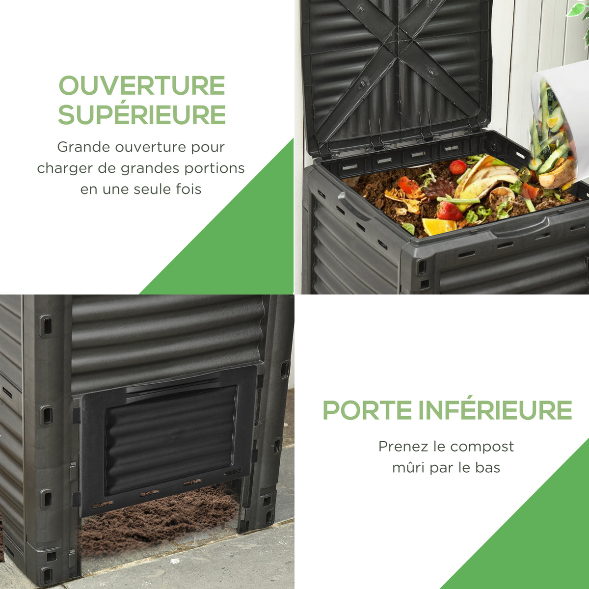 Composteur de jardin 300L bac composteur pour jardin en polypropylène 48 aérations 60,5 x 60,5 x 81,5 cm noir-3