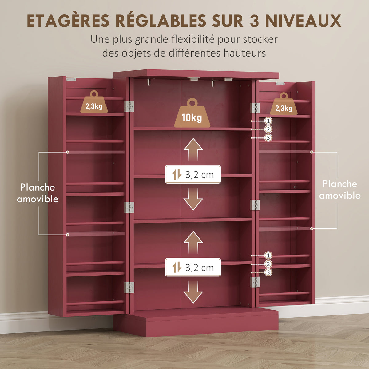 Armoire meuble de cuisine garde-manger 2 portes avec 5 étagères et 12 porte-épices - 60 x 30 x 104 cm - rouge-5