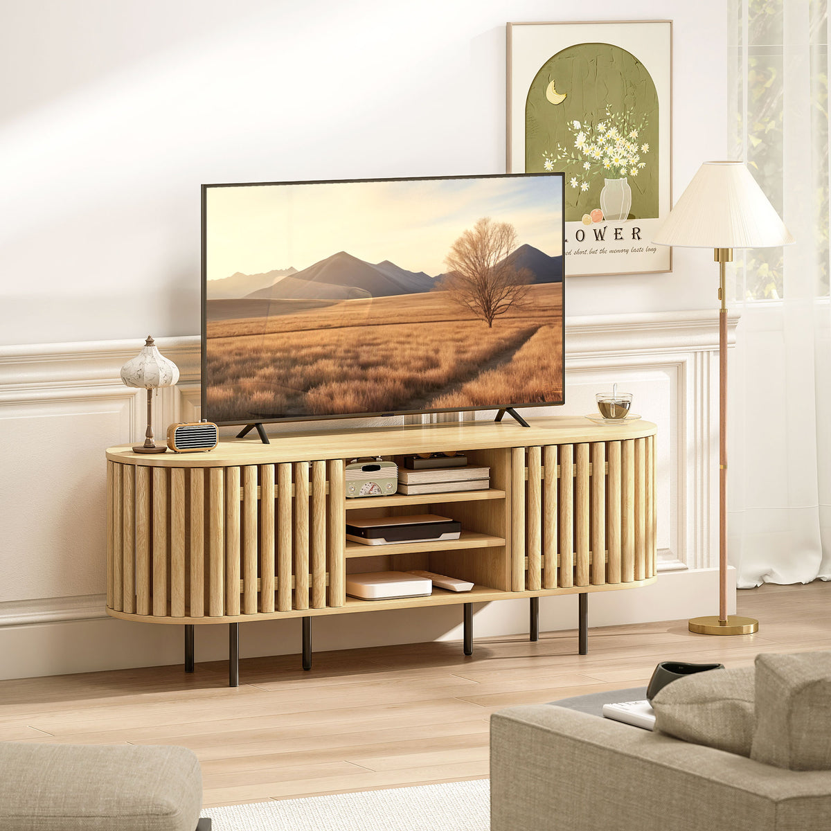 Meuble TV, meuble télé pour téléviseur 60 pouces, 2 portes à lattes, 140x40x52cm, bois naturel-1