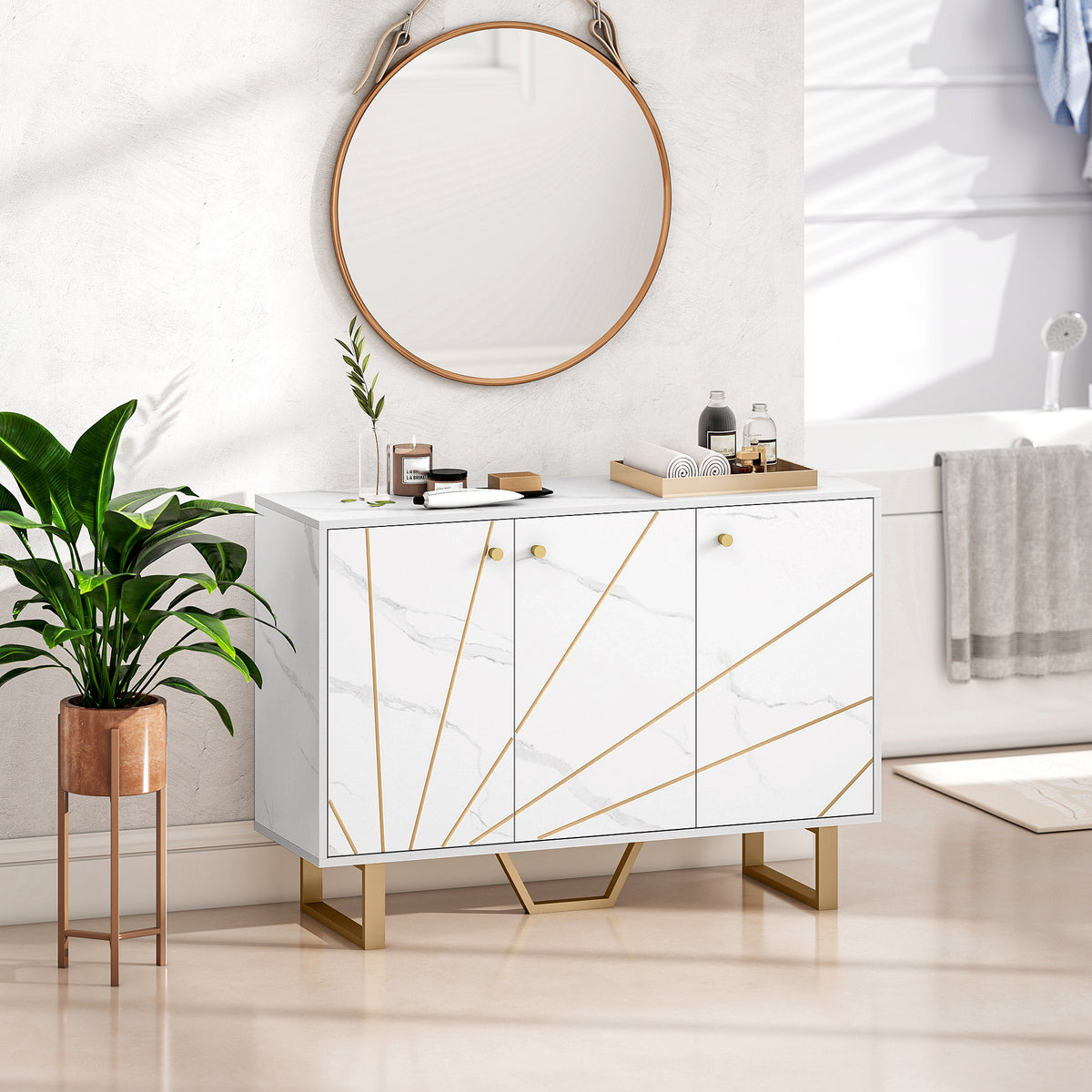 Meuble de rangement buffet salon avec 2 placards 3 portes et étagère réglable, pieds en métal, aspect marbre blanc-8