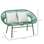 Banquette banc de jardin 2 places en acier et cordage en résine avec 2 coussins - dim. 132L x 72l x 83H cm - vert foncé-2