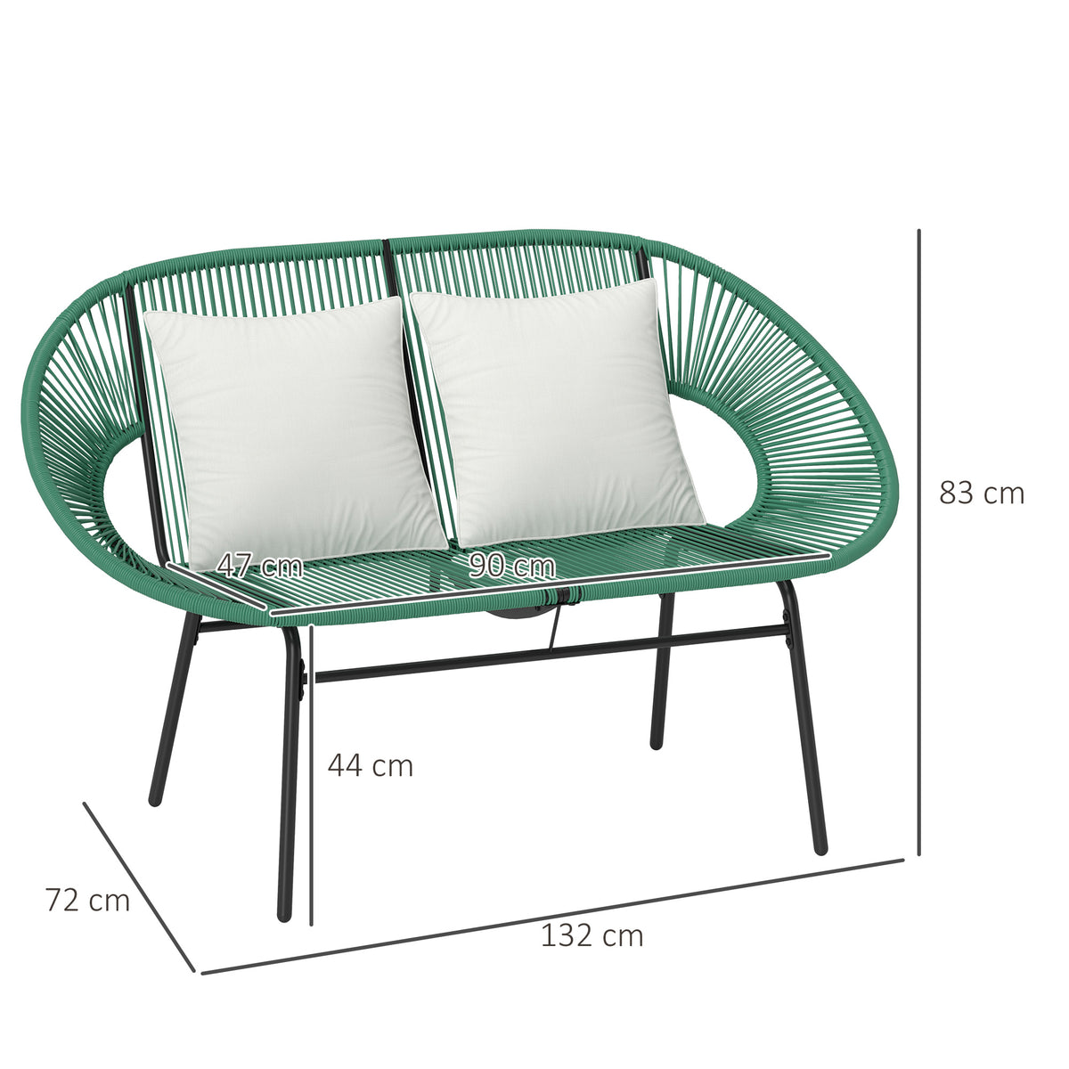 Banquette banc de jardin 2 places en acier et cordage en résine avec 2 coussins - dim. 132L x 72l x 83H cm - vert foncé-2