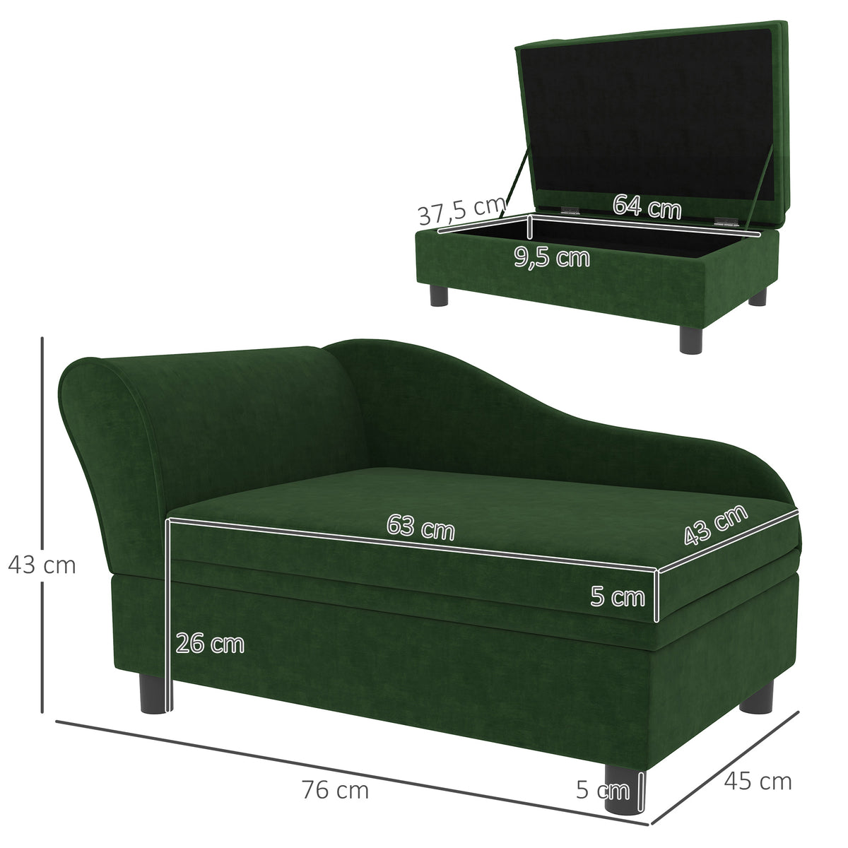 Canapé chien chat sur pied avec coffre de rangement style moderne coussin d'assise amovible 76 x 45 x 43 cm vert-2