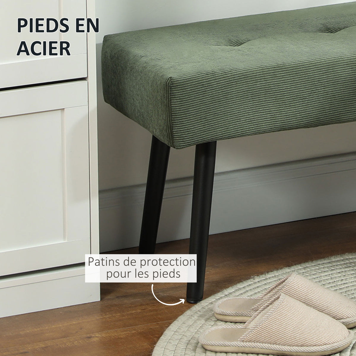 Banc banquette bout de lit rembourré en velours côtelé et pieds en acier noir charge 220 Kg 100 x 36 x 45 cm vert-4