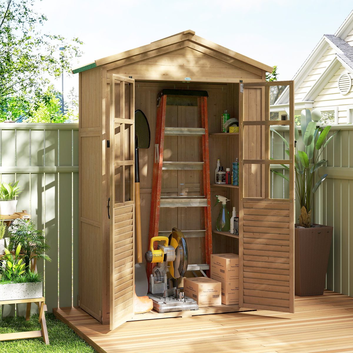 Abri de jardin Armoire de jardin pour outils avec Étagères et Fenêtres en Acrylique, 128 x 57,5 x 197 cm marron clair-9