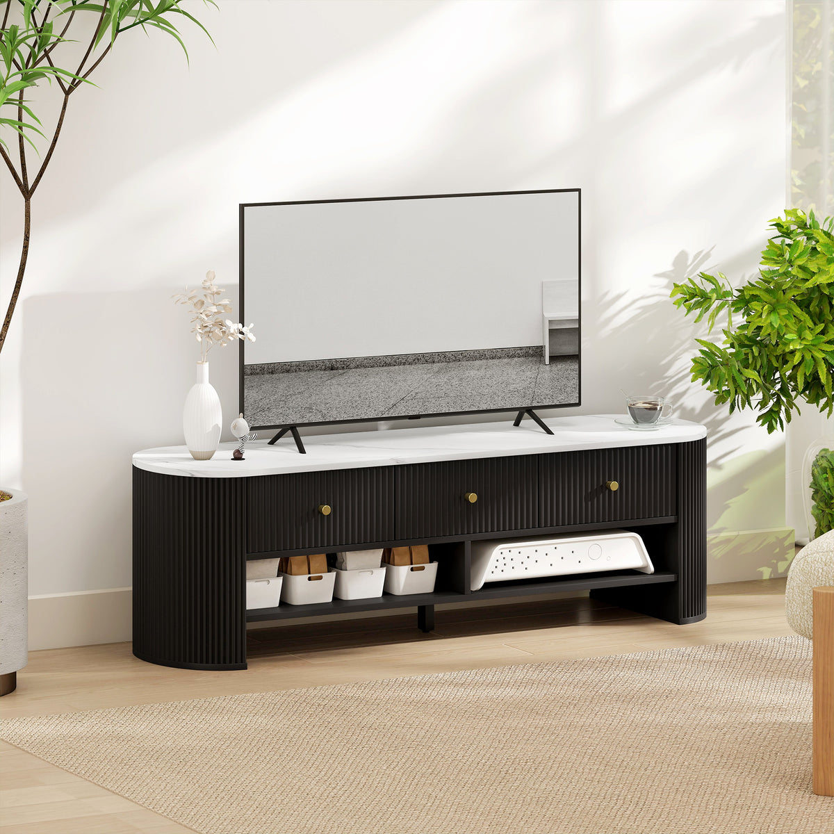 Meuble TV 140 cm, meuble télé pour téléviseur 65 pouces effet marbre avec 3 tiroirs façades à cannelures 2 étagères noir-9