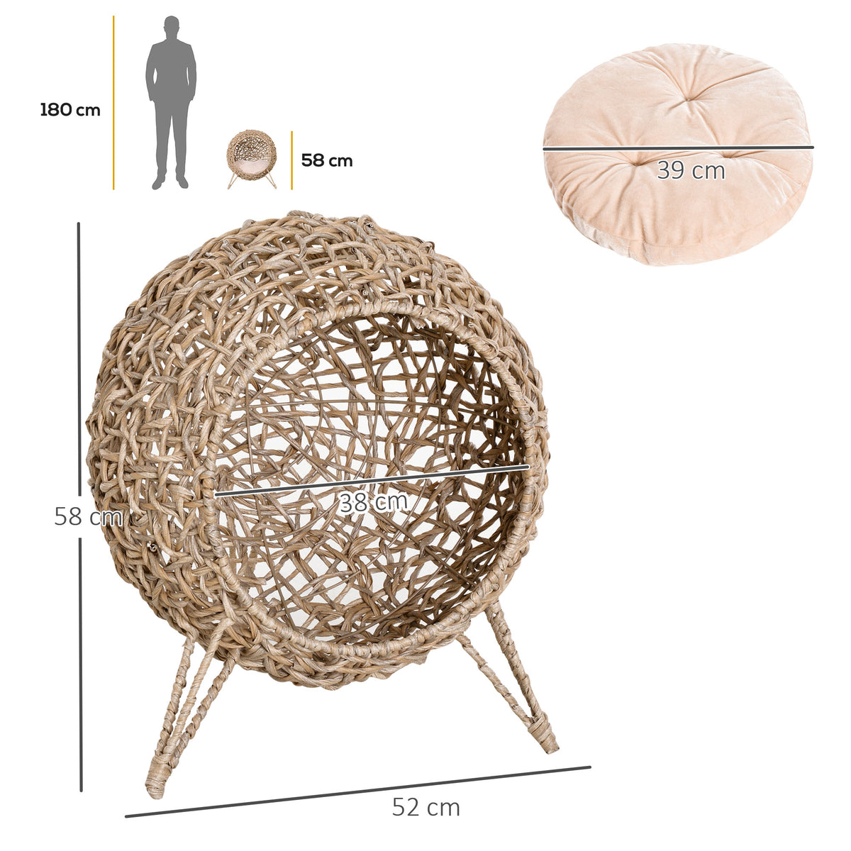 Panier chat lit surélevé chat cosy niche grotte grand confort dim. Ø 52 x 58H cm coussin moelleux inclus résine tressée imitation rotin beige-2