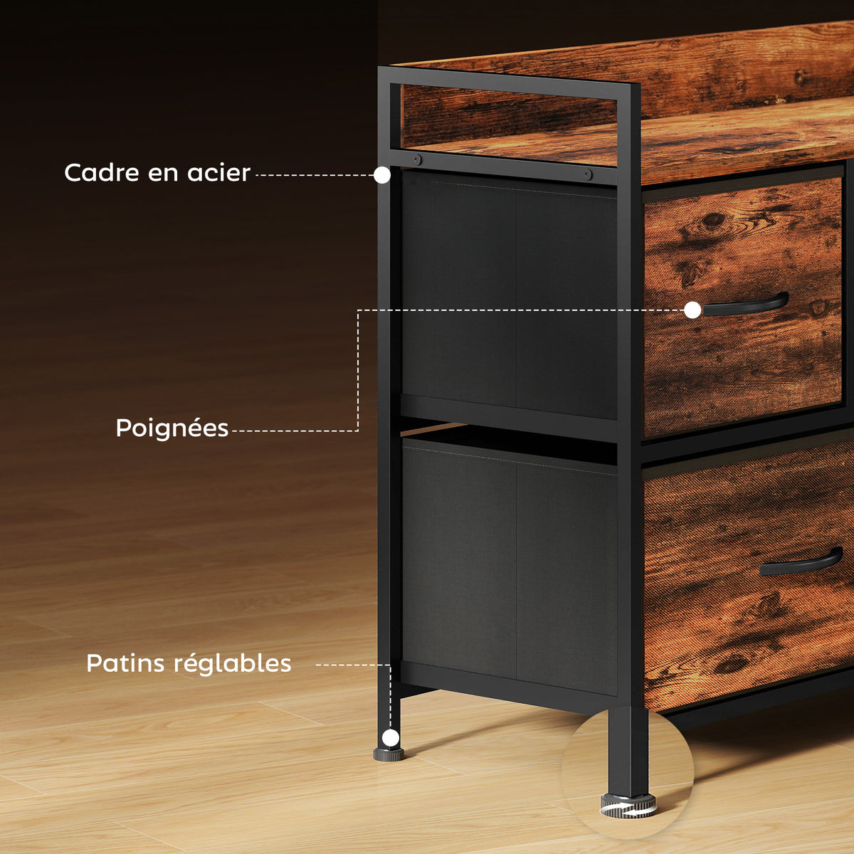 Commode, meuble de rangement avec 5 tiroirs en tissu pliables, plateau et cadre en acier, 98 x 29 x 63 cm, brun rustique-6