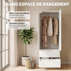 Armoire Chambre Penderie avec 2 Tiroirs, 2 Portes à Fermeture Douce et Barre de Suspension, 60 x 47 x 180 cm, Blanc-3