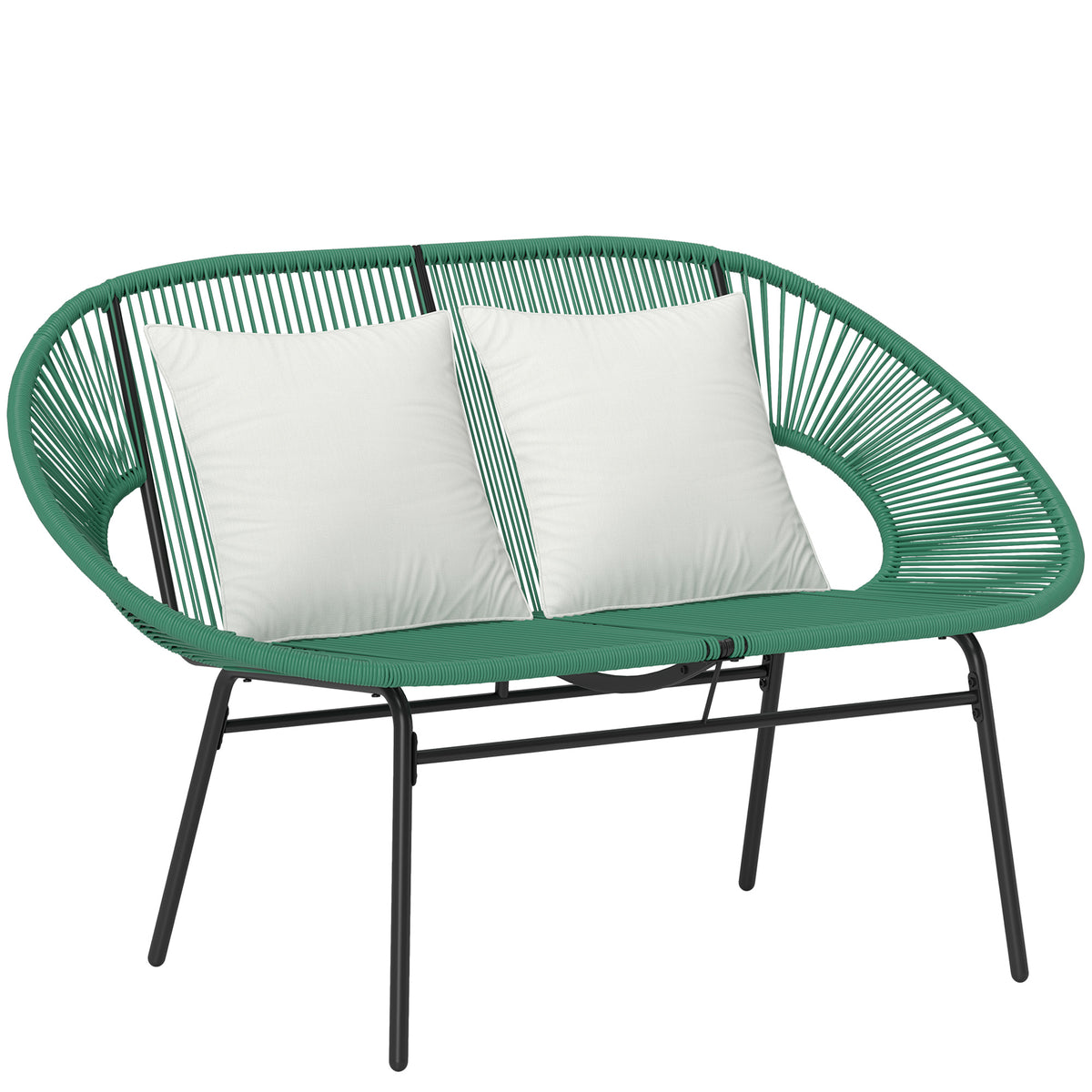 Banquette banc de jardin 2 places en acier et cordage en résine avec 2 coussins - dim. 132L x 72l x 83H cm - vert foncé-0