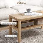 Table basse de salon, table d'appoint rectangulaire à 2 niveaux avec étagère de rangement, 90x45x44,5cm, bois naturel-5