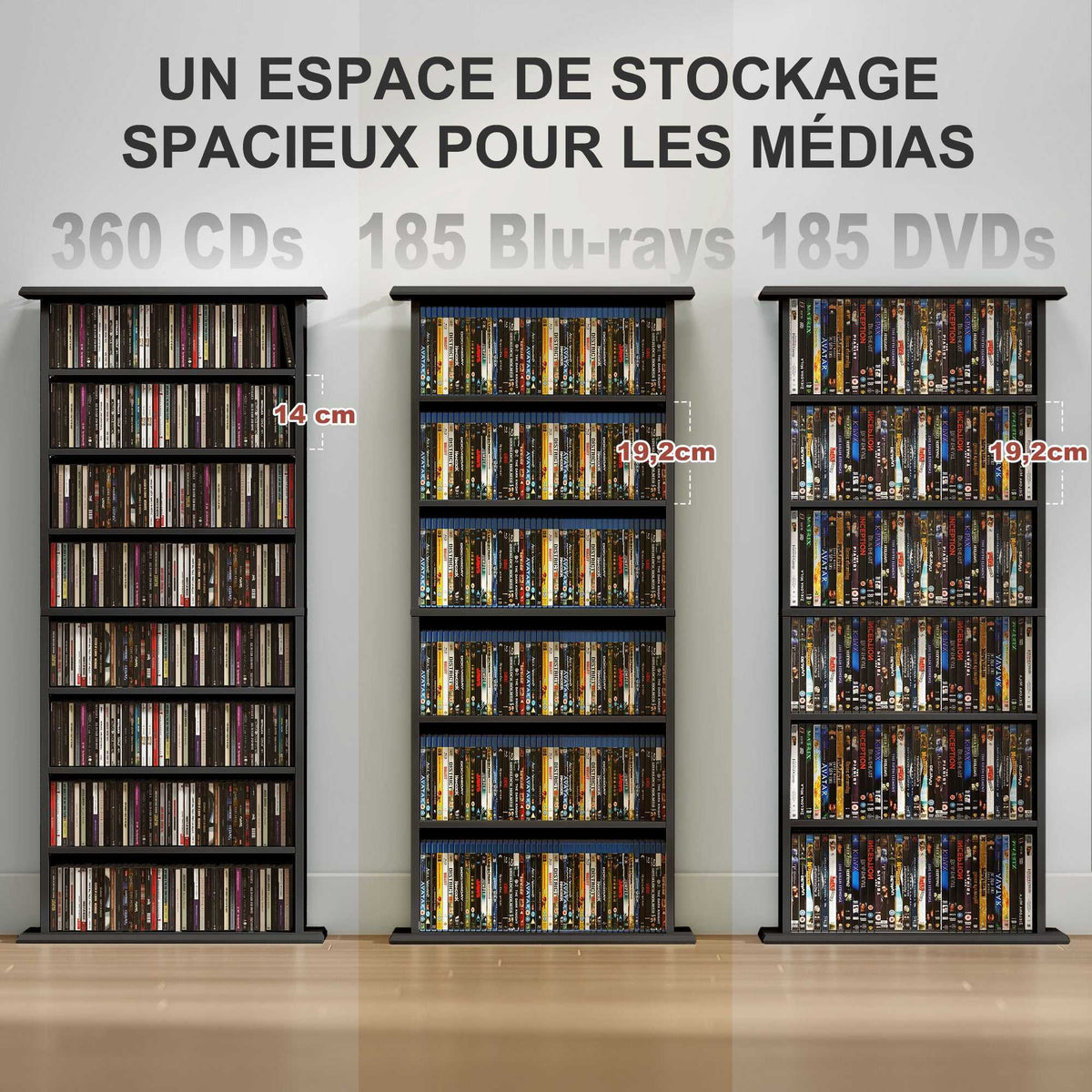 Rangements pour CD et DVD avec 8 compartiments et 6 étagères réglables, capacité max. 360 CD/185 DVD et Blu-ray, noir-3