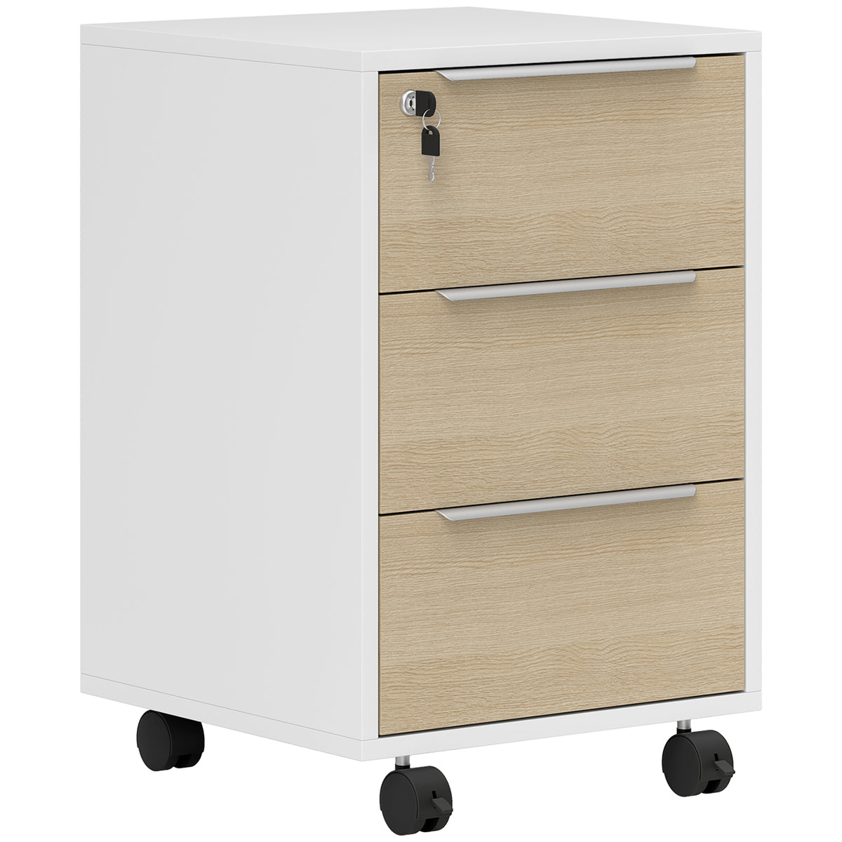 Caisson de bureau à roulettes avec 3 tiroirs et serrure, meuble rangement bureau sur roulettes, 40 x 40 x 63,5 cm, chêne-0