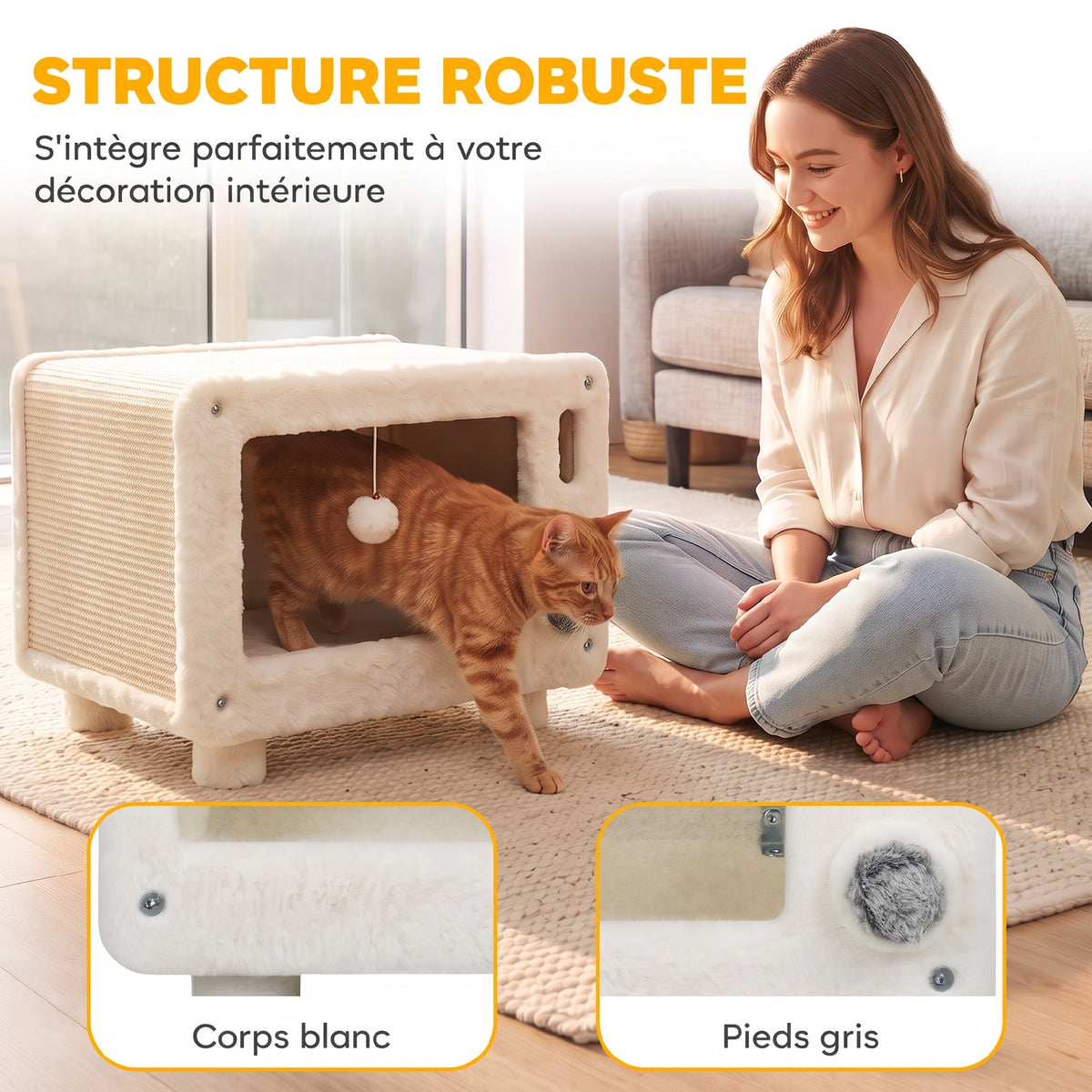 Maison pour Chat Niche pour Chat Intérieure en Forme de Télévision Tapis en Sisal et Balle Suspendue 50x33x42cm Blanc-3