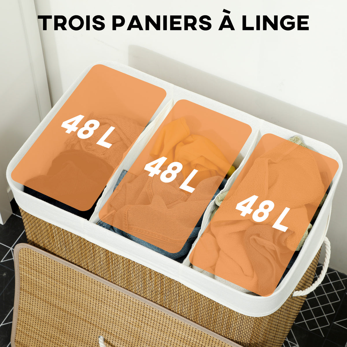 Panier à linge à trois compartiments avec couvercle, panier à linge en bambou 144 L avec poignées en corde-3
