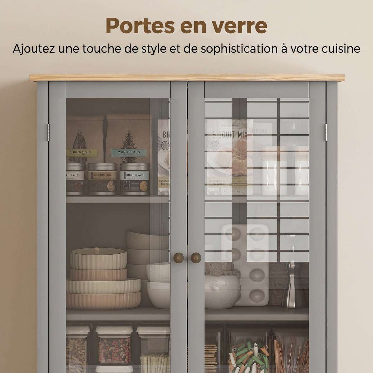 Buffet meuble cuisine rangement armoire de cuisine 4 portes dont 2 portes vitrées et 1 tiroir étagères réglables - gris-3