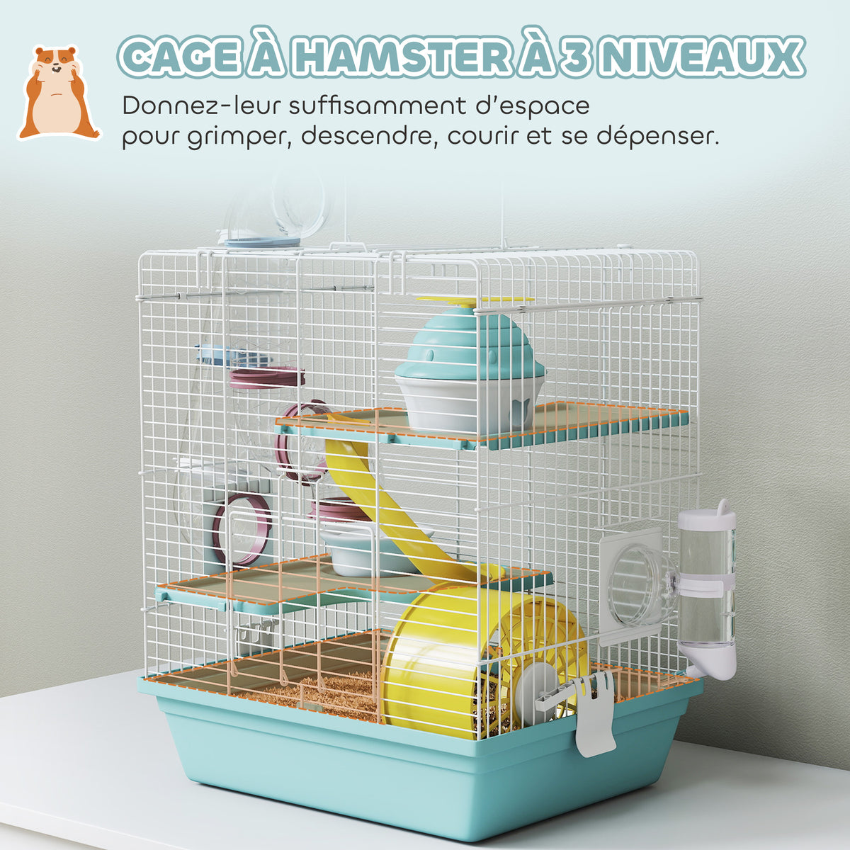 Cage hamster, cage rongeur à 3 niveaux, avec roue d'exercice, tunnel de jeu, gamelle, cabane, 34,5 x 27,5 x 41 cm, bleu-3
