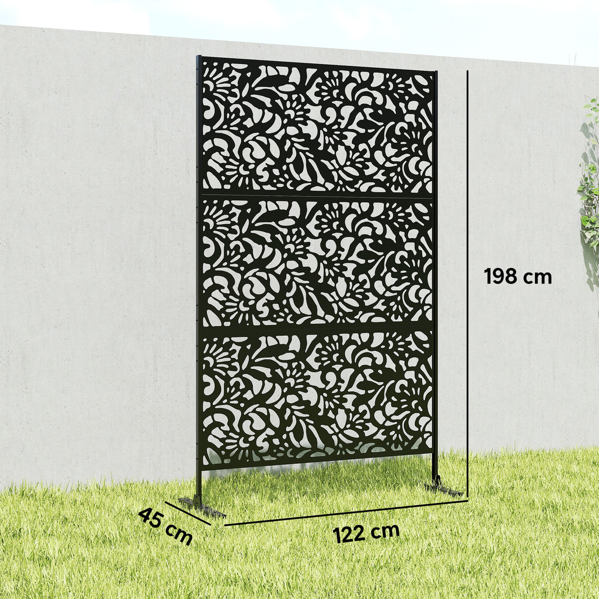 Panneau Brise Vue décoratif Extérieur Claustra Décoratif Jardin 3 Panneaux à motif floral Acier 122 x 45 x 198 cm Noir-2