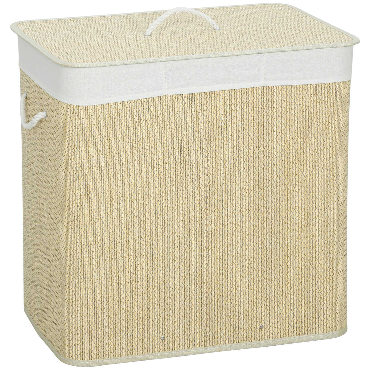 Panier à linge à trois compartiments avec couvercle, panier à linge en bambou 144 L avec poignées en corde-0