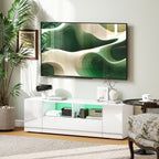 Meuble TV, banc TV, meuble de télévision, jusqu'à 60 pouces, avec lumières LED, 2 étagères et placards, panneau de porte brillant, 137 x 35 x 42 cm, blanc-9
